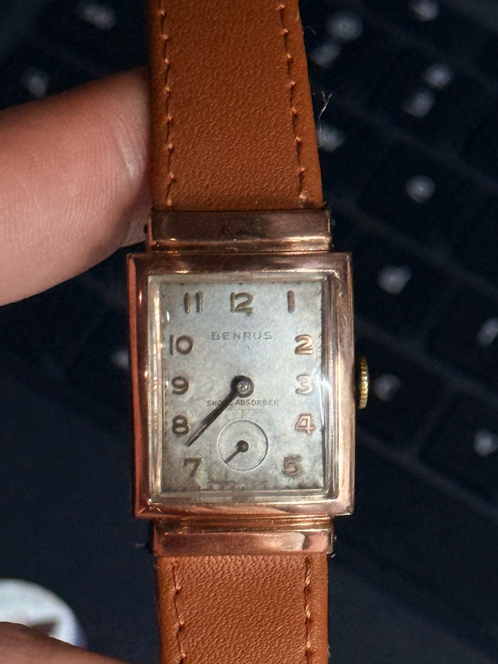 Benrus Vintage Rectangular Wristwatch in Rose Gold Tone with Brown Strap